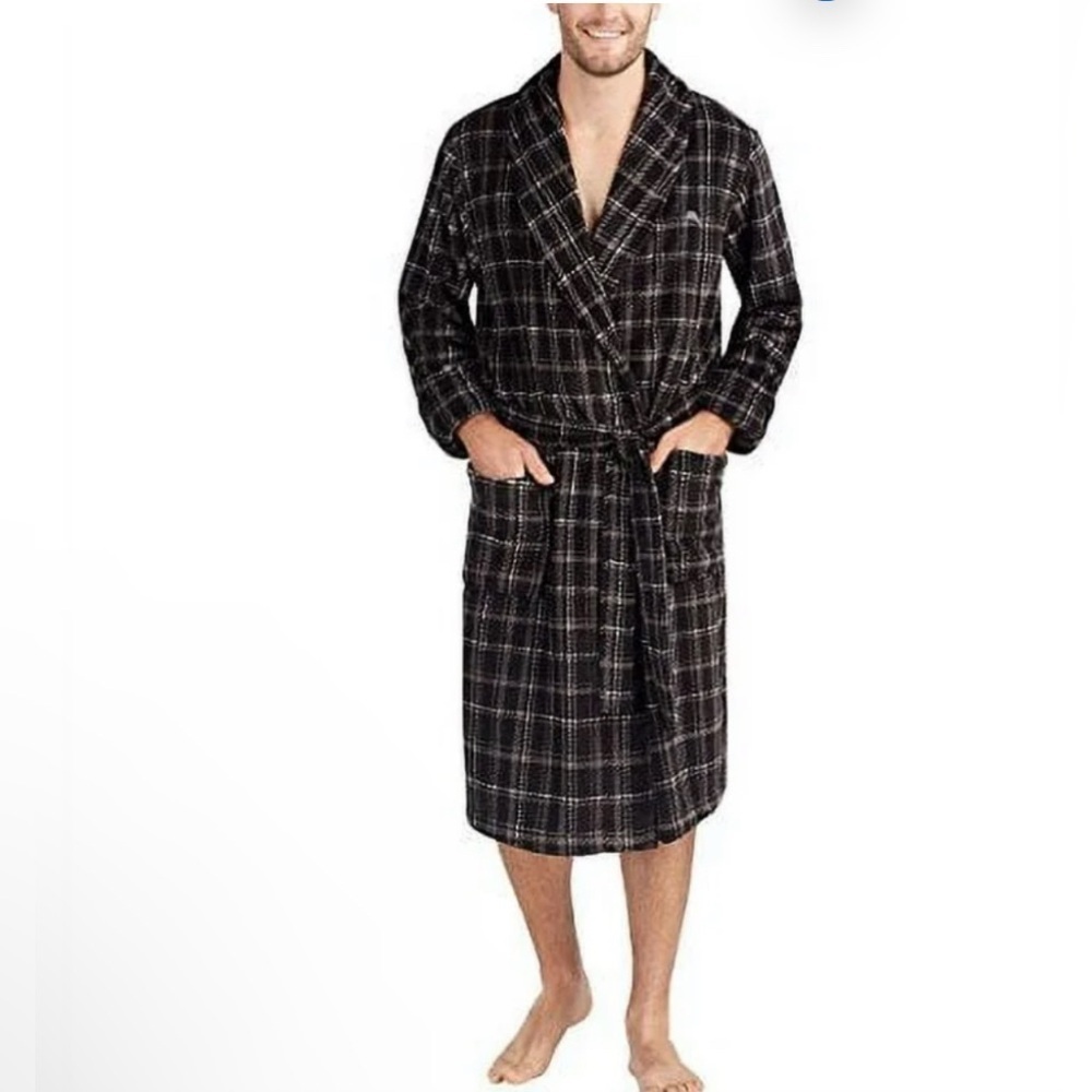 NEW Tommy Bahama Men's Fleece Robe (Black Plaid) Medium
